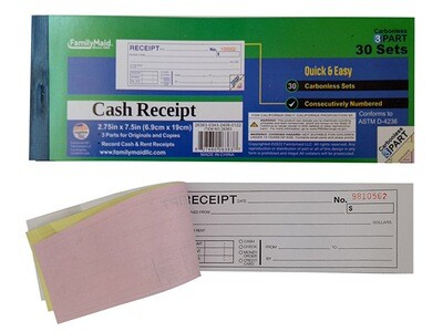 RENT RECEIPT 2.76X7.6&quot; 3 PART; 30SET