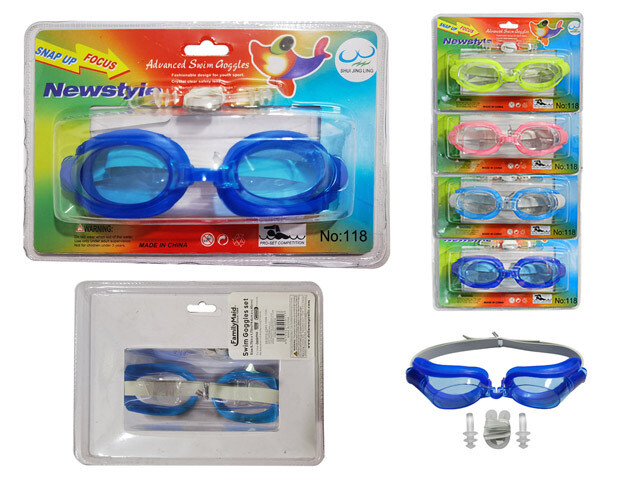 SWIM GOGGLES W/NOSE PLUG+EAR P;5.75X1.75&quot; ASST CLR