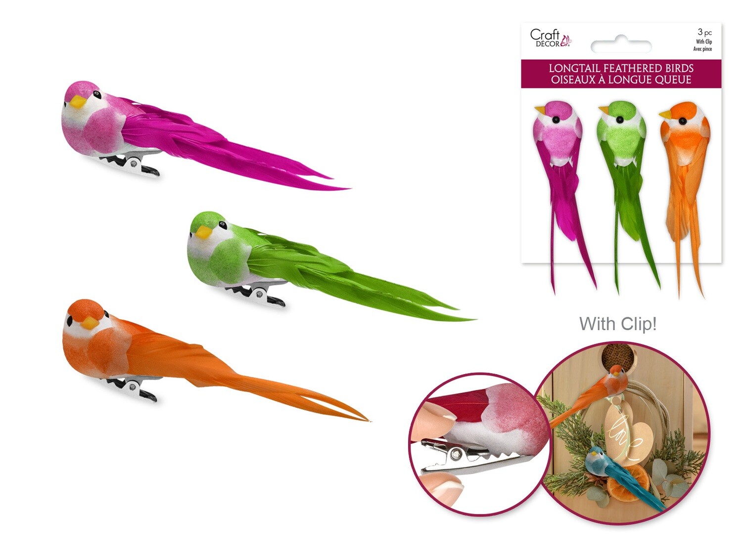 Craft Decor: 3.25&quot; Mini Longtail Bird x3 w/Gator Clip