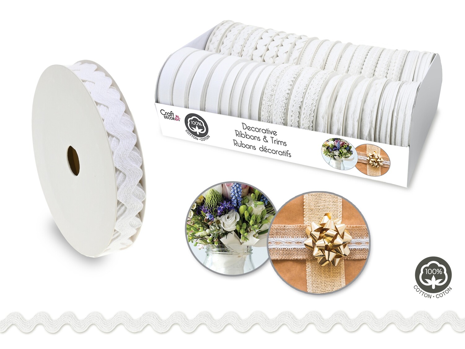 Craft Décor Ribbons & Trims: 100% Cotton 3yd Rolls x36 Asst PDQ