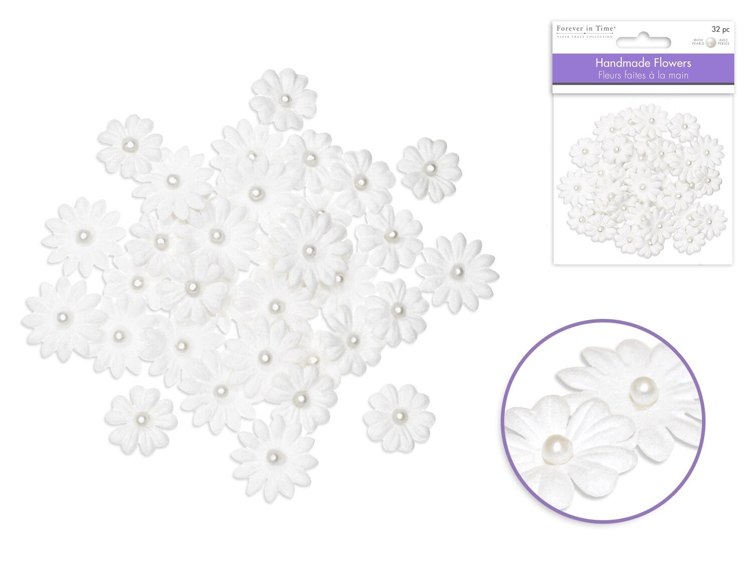 Floral Embellish: 0.8cm+2cm Handmade Paper x32 w/Pearls