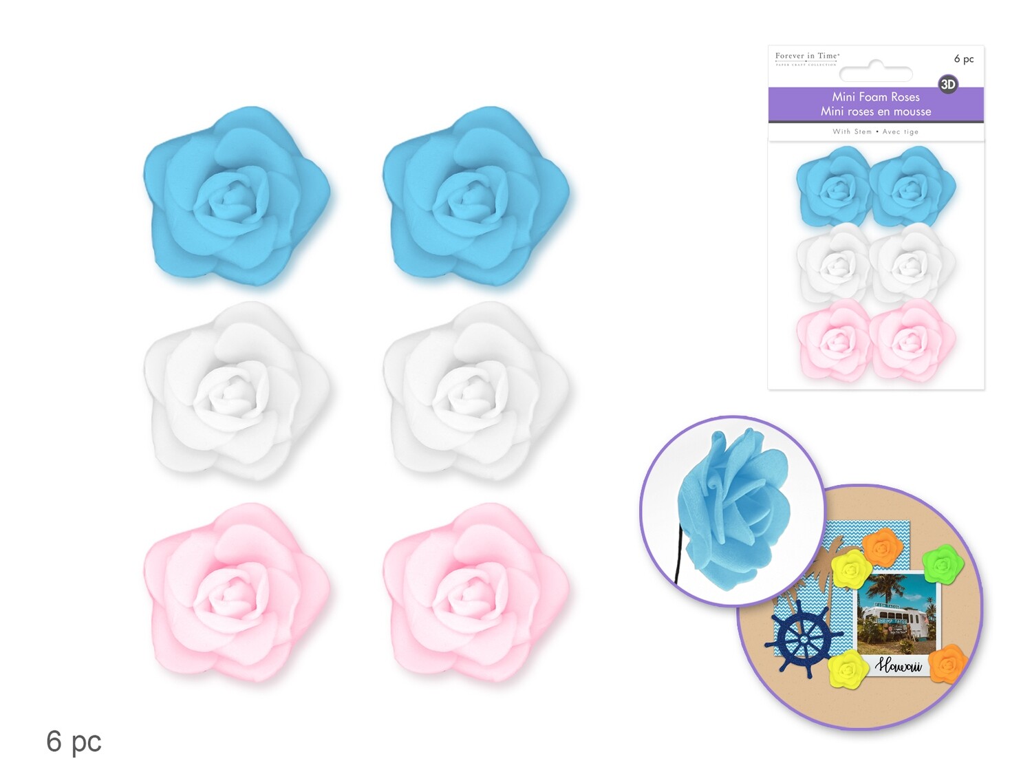 Floral Embell: 1.4" Mini Foam Roses x6 w/Stem Asst Colors