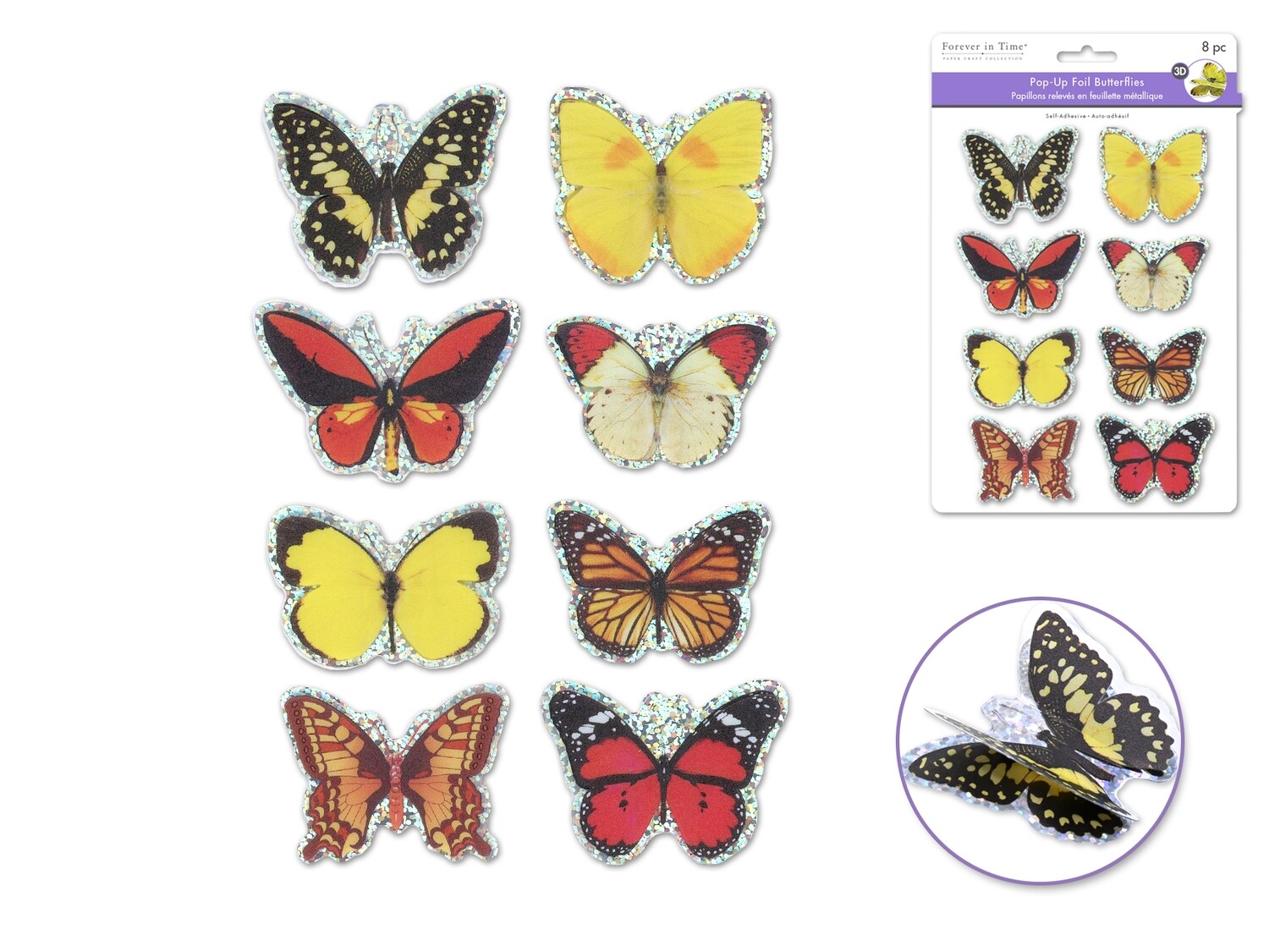 Handmade Stickers: 12cmx17cm 3D Pop-Ups Foil Butterflies 8pc j