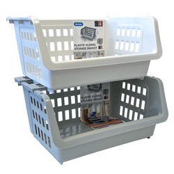 NUVALU PLASTIC SLIDING STORAGE BASKET STACKABLE GRAY &amp; WHITE #4