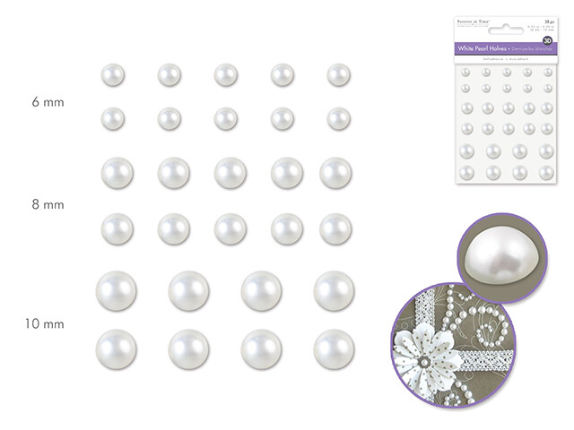 Paper Craft Emb: 6-10mm Pearl Halves x28 White Peel-n-Stick