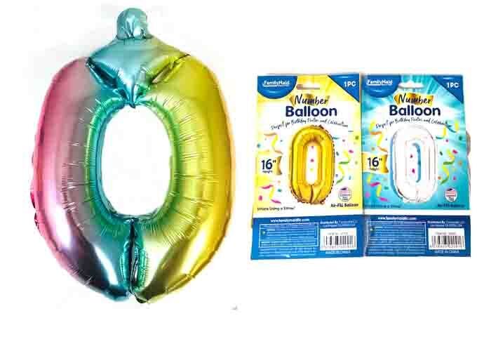 0 NUMBER BALLOON 16"H GOLD SILVER RAINBOW
