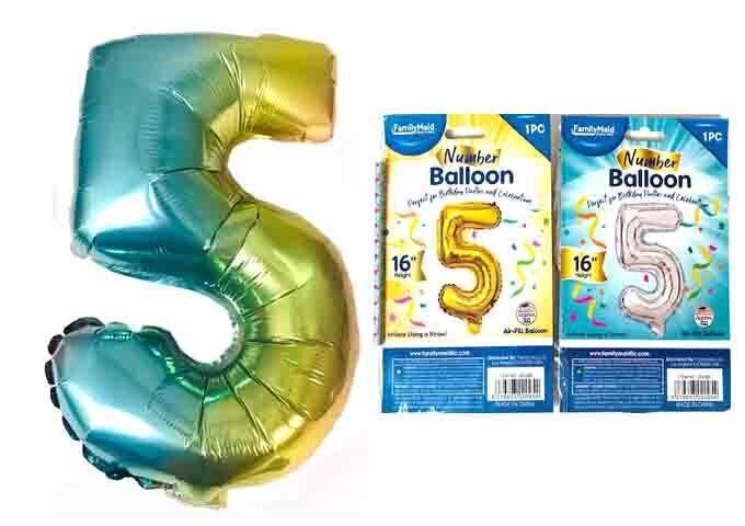 5 NUMBER BALLOON 16"H GOLD SILVER RAINBOW