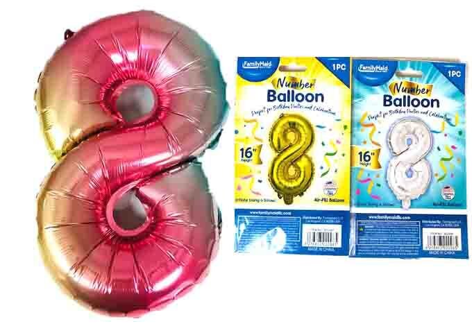 8 NUMBER BALLOON 16"H GOLD SILVER RAINBOW
