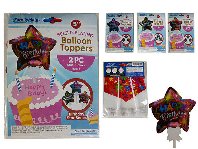 HAPPY BIRTHDAY BALLOON 5" STAR 3 ASST CAKE TOPPER