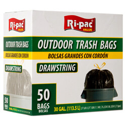 RI-PAC TRASH BAG W/DRAWSTRING OUTDOOR 30GAL 50CT BLK