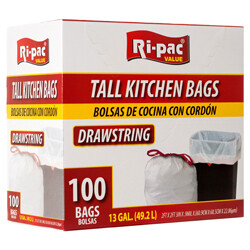 RI-PAC TRASH BAG W/DRAWSTRING TALL 13GAL 100CT WHT