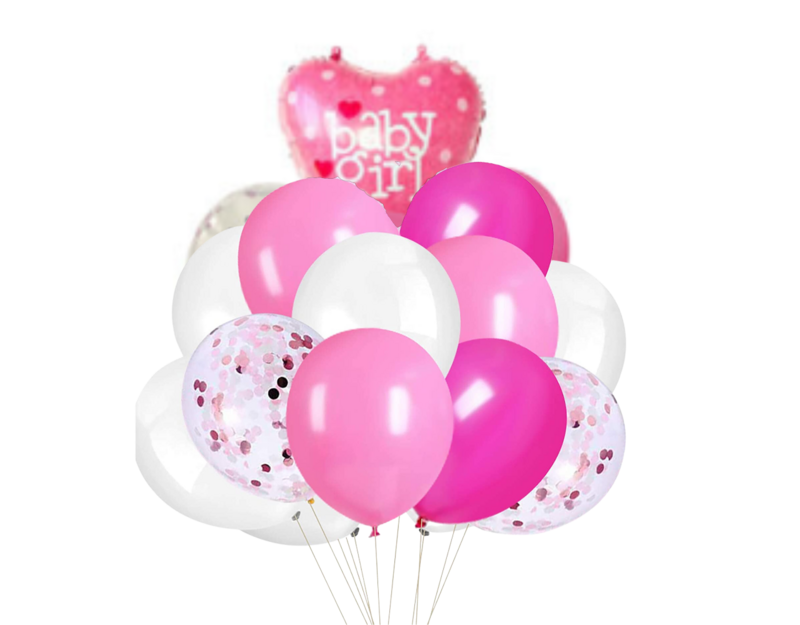 7PC BALLOON SET BABY GIRL 18”HEART, 12” BALLOONS