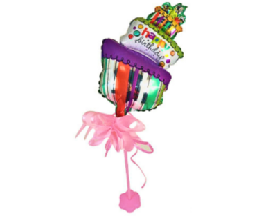 HAPPY BIRTHDAY CAKE BALLOON W/ STAND AND BOW