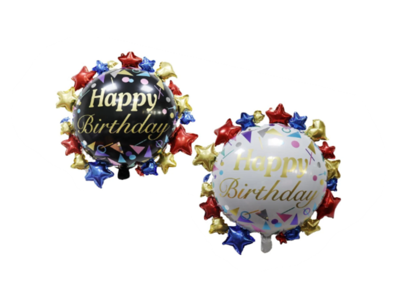 HAPPY BIRTHDAY ROUND BALLOON 24.4&quot;H WHT BLK