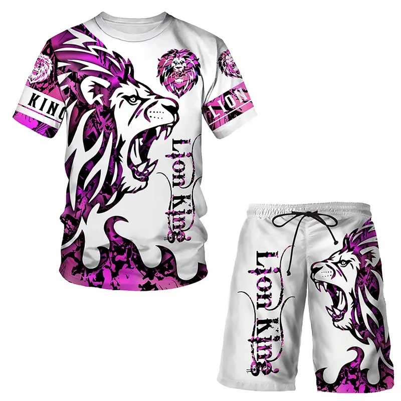 3d lion print shorts suit