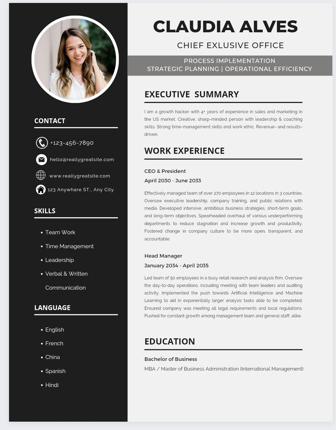 Executive Resume | Modern Style | Canva Design Template