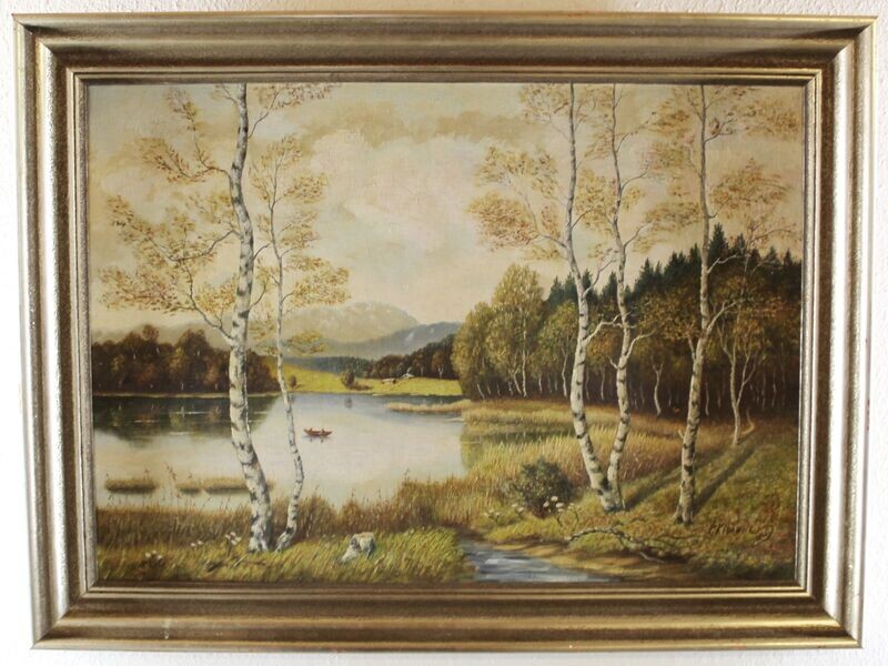 Gemälde Öl auf Leinewand vom Maler Paul Klimmeck von 1956 "Birkenlandschaft mit Teich"