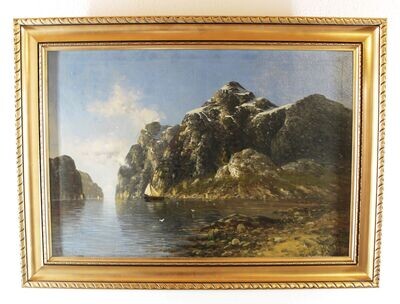 Gemälde Öl auf Leinwand-Die Bucht mit Segeschiff- Maße 112x82cm - von 1920 - Maler F. Kuttrichter