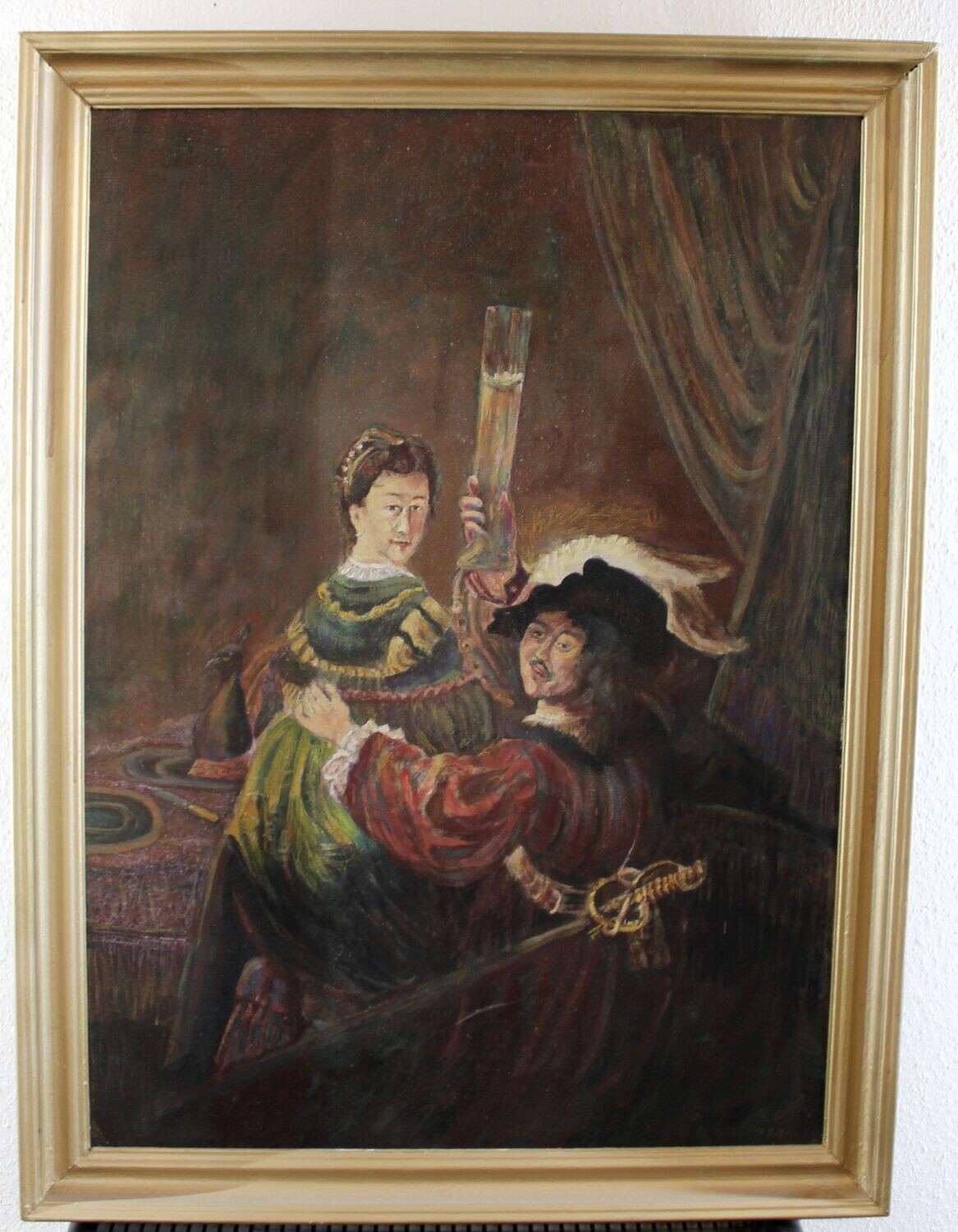 Öl auf Leinewand-Motiv "Rembrandt Selbstbildnis mit Frau Saskia"-Maler J.Pietermann aus den 1970iger Jahren - Reproduktion