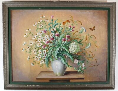 Gemälde - Öl auf Leinwand als Stillleben -Blumen- Maße 92x72cm - Maler R. Tesar