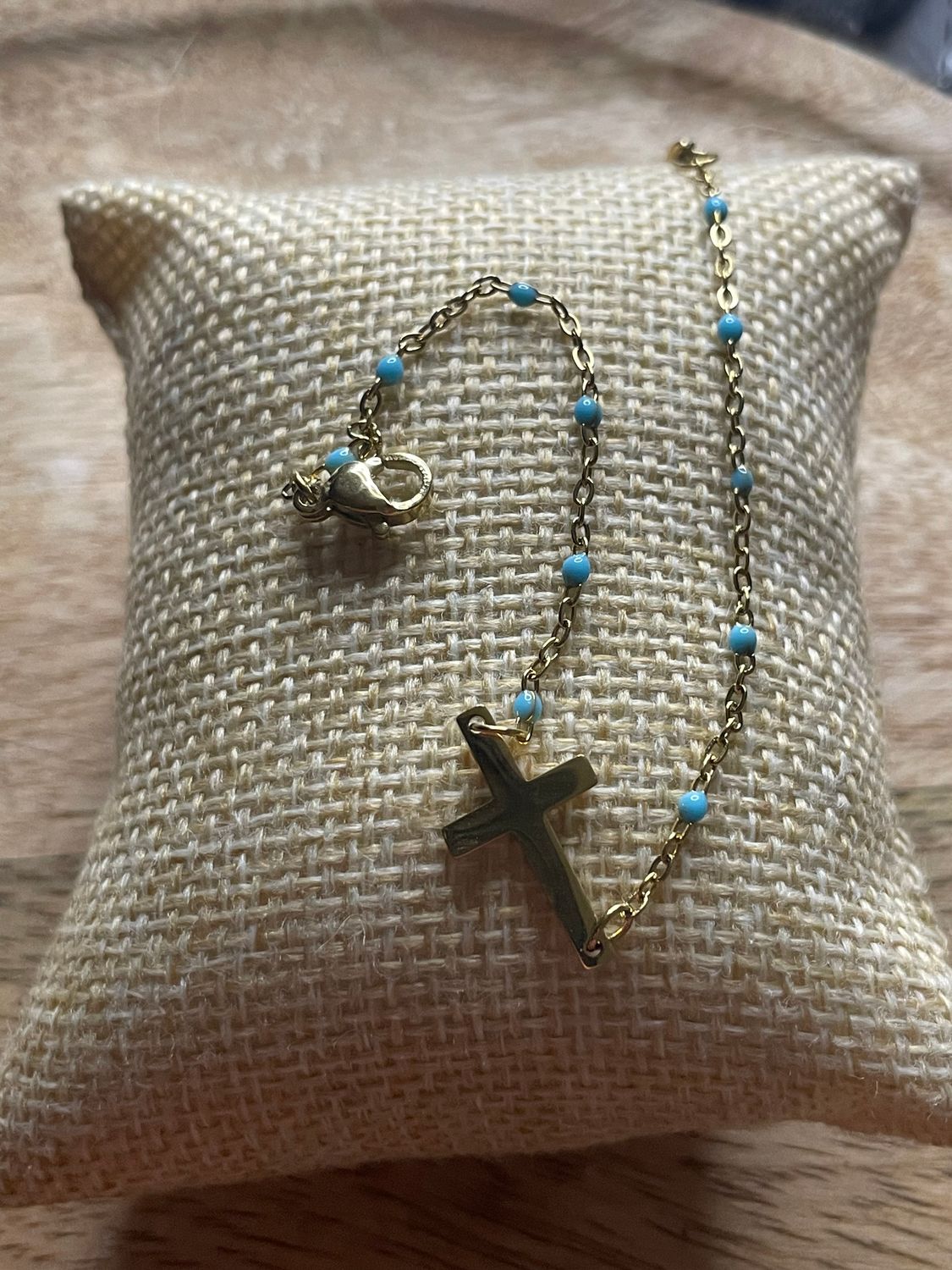 Bracelet Croix Dorée bleue cyan