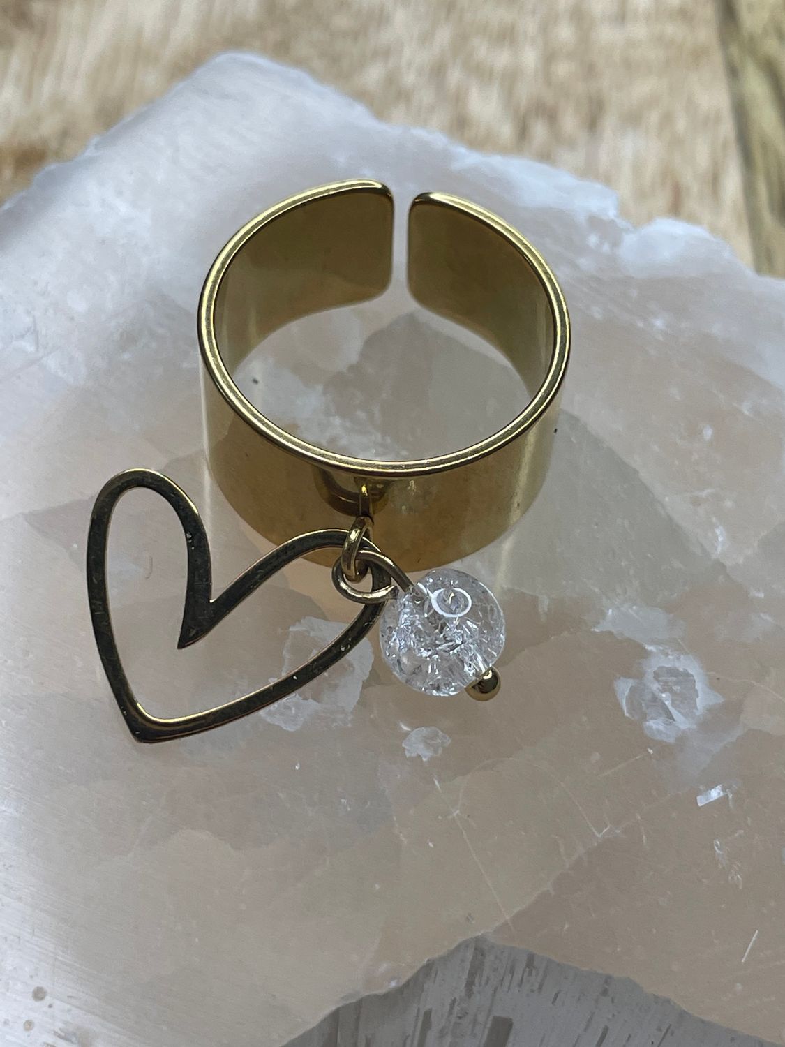 Bague Cœur &amp; Cristal de Roche Craquelé