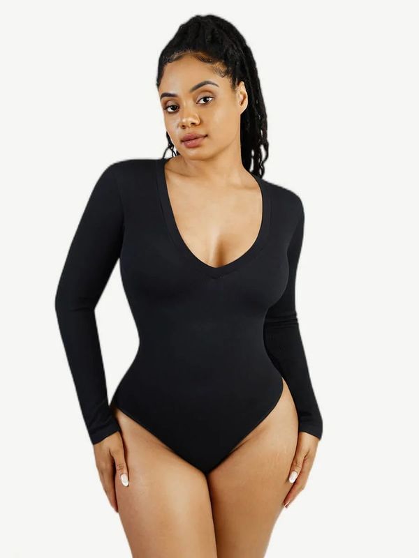 Seamless Long Sleeved V-neck Tummy Control Bodysuit
