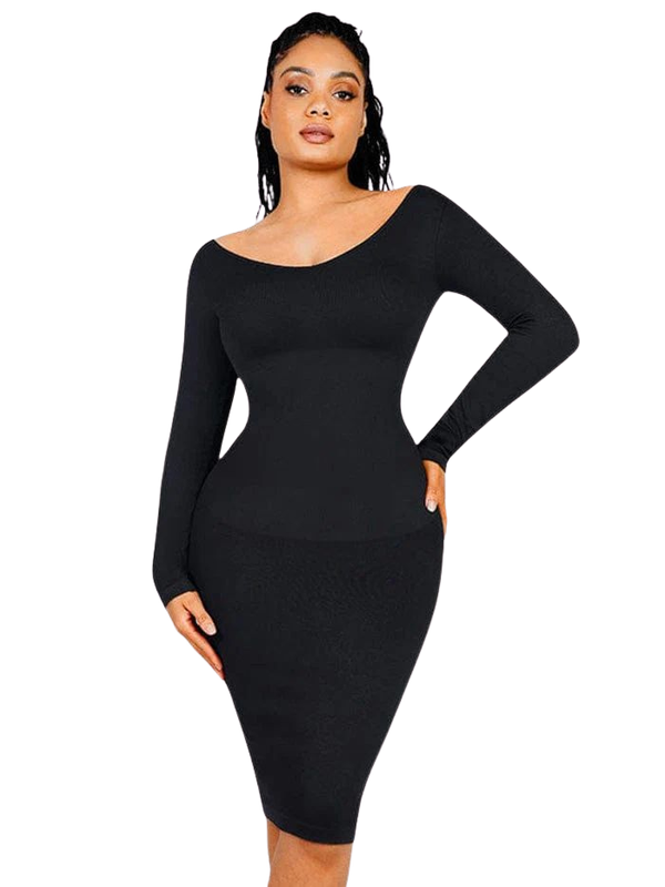 Seamless V Neck Long Sleeve Waist Trimming Shaper Dress
