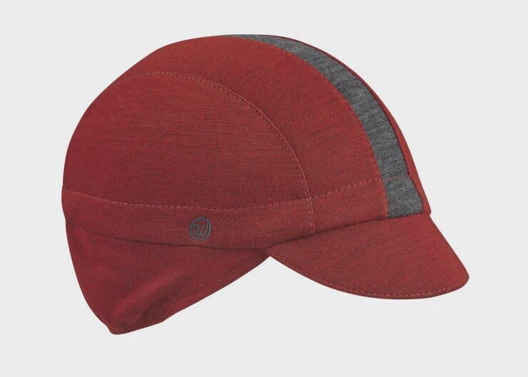 Red/Charcoal Stripe Merino Wool Ear Flap Cycling Cap