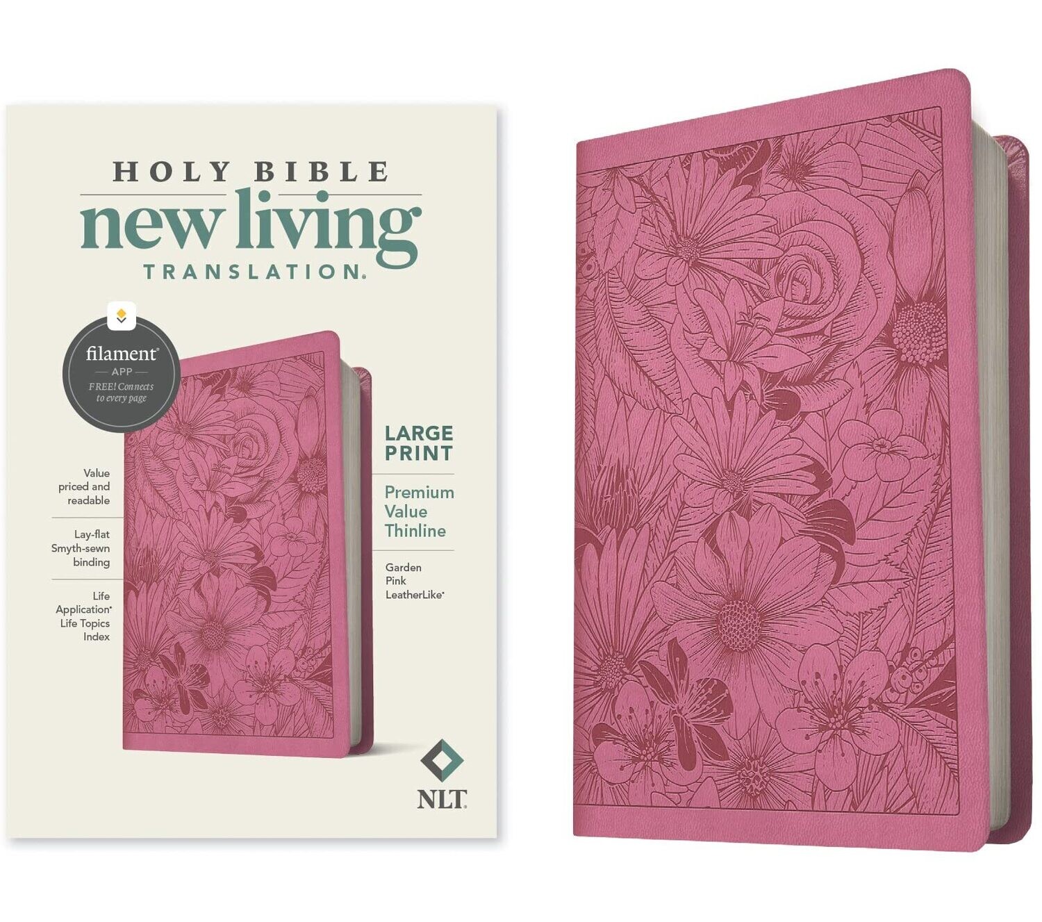 NLT Filament Bible: premium value thinline, large print, garden pink leatherlike