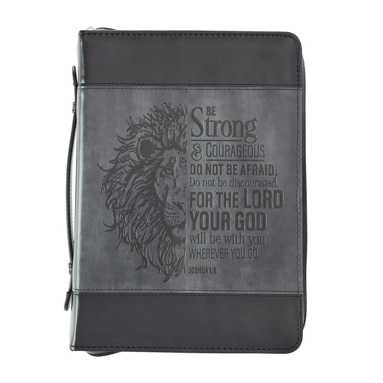 Be Strong and Courageous - Joshua 1:9 Inspirational Bible Verse with Lion, Gray and Black, Large
