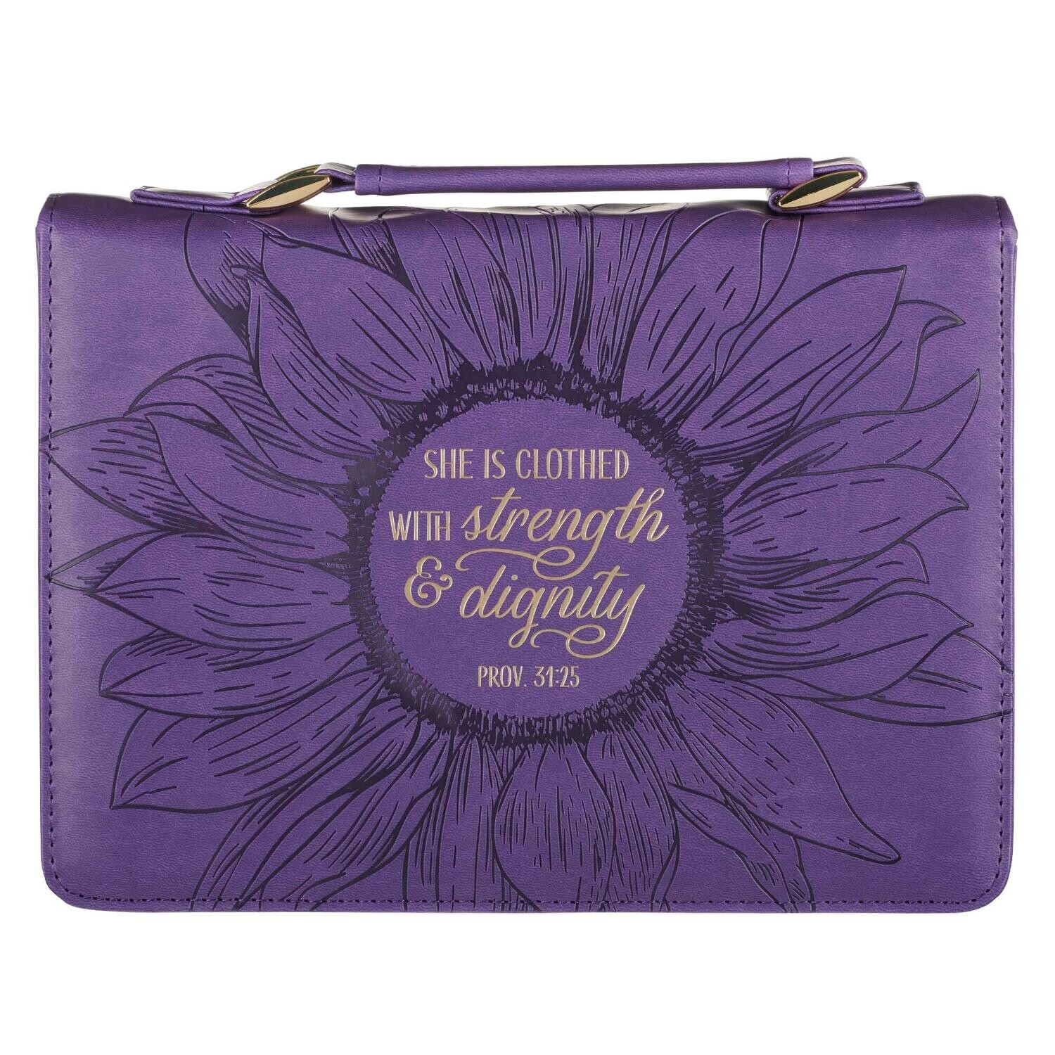  Women&#39;s Fashion Bible Cover Strength and Dignity Proverbs 31:25, Purple/Gold Sunflower Faux Leather, Large
