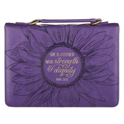  Women&#39;s Fashion Bible Cover Strength and Dignity Proverbs 31:25, Purple/Gold Sunflower Faux Leather, Large