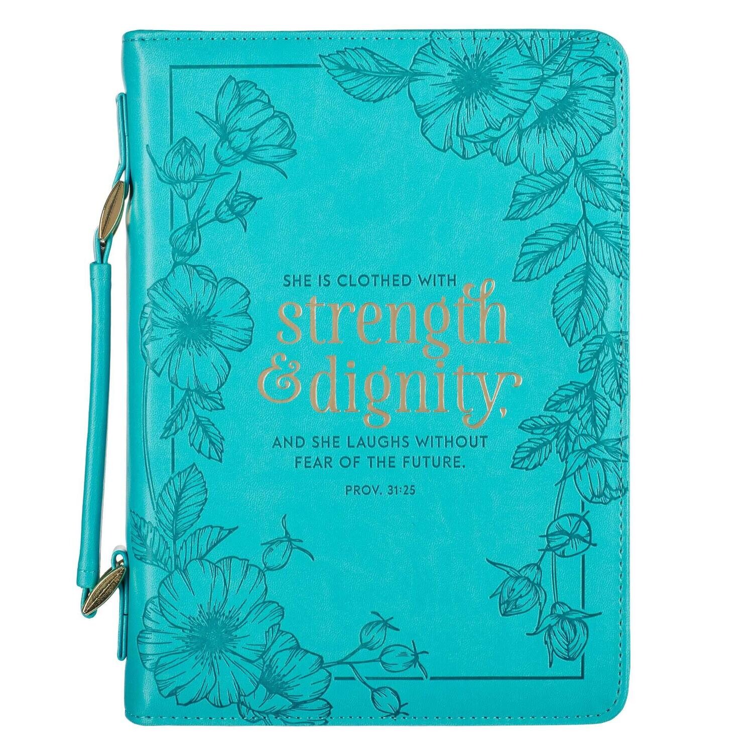  Women's Fashion Bible Cover Strength and Dignity Proverbs 31:25, Teal Faux Leather, XL