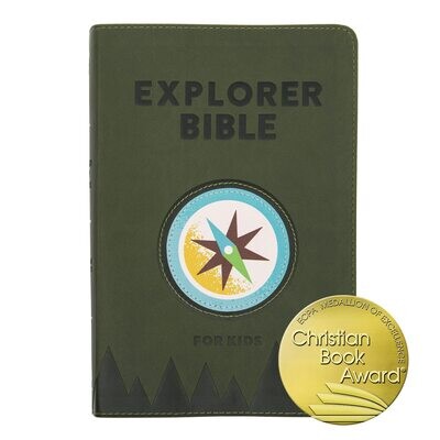 CSB Explorer Bible for Kids, Olive Compass LeatherTouch, Red Lette