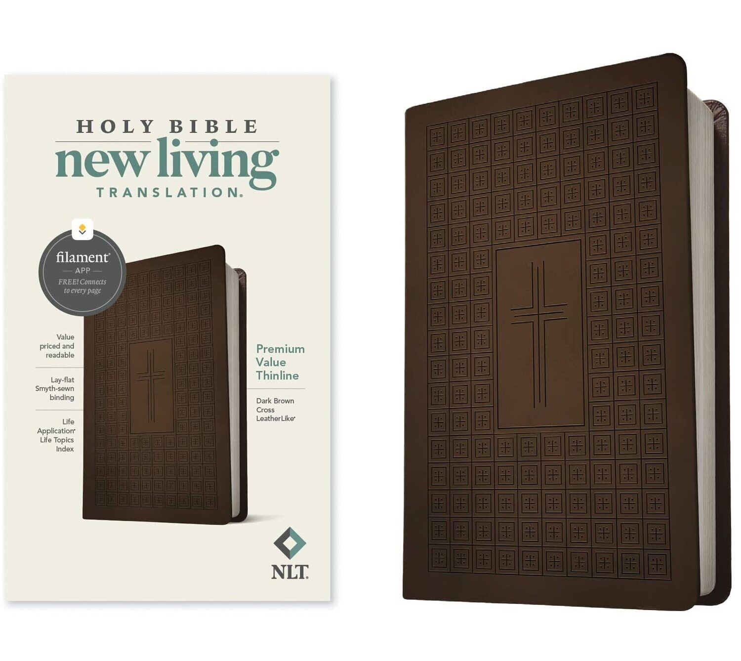 NLT Premium Value Thinline Bible, Filament-Enabled Edition (LeatherLike, Dark Brown Cross)