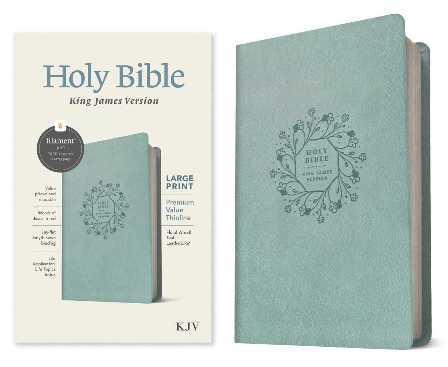KJV Large Print Premium Value Thinline Bible, Floral Wreath Teal)