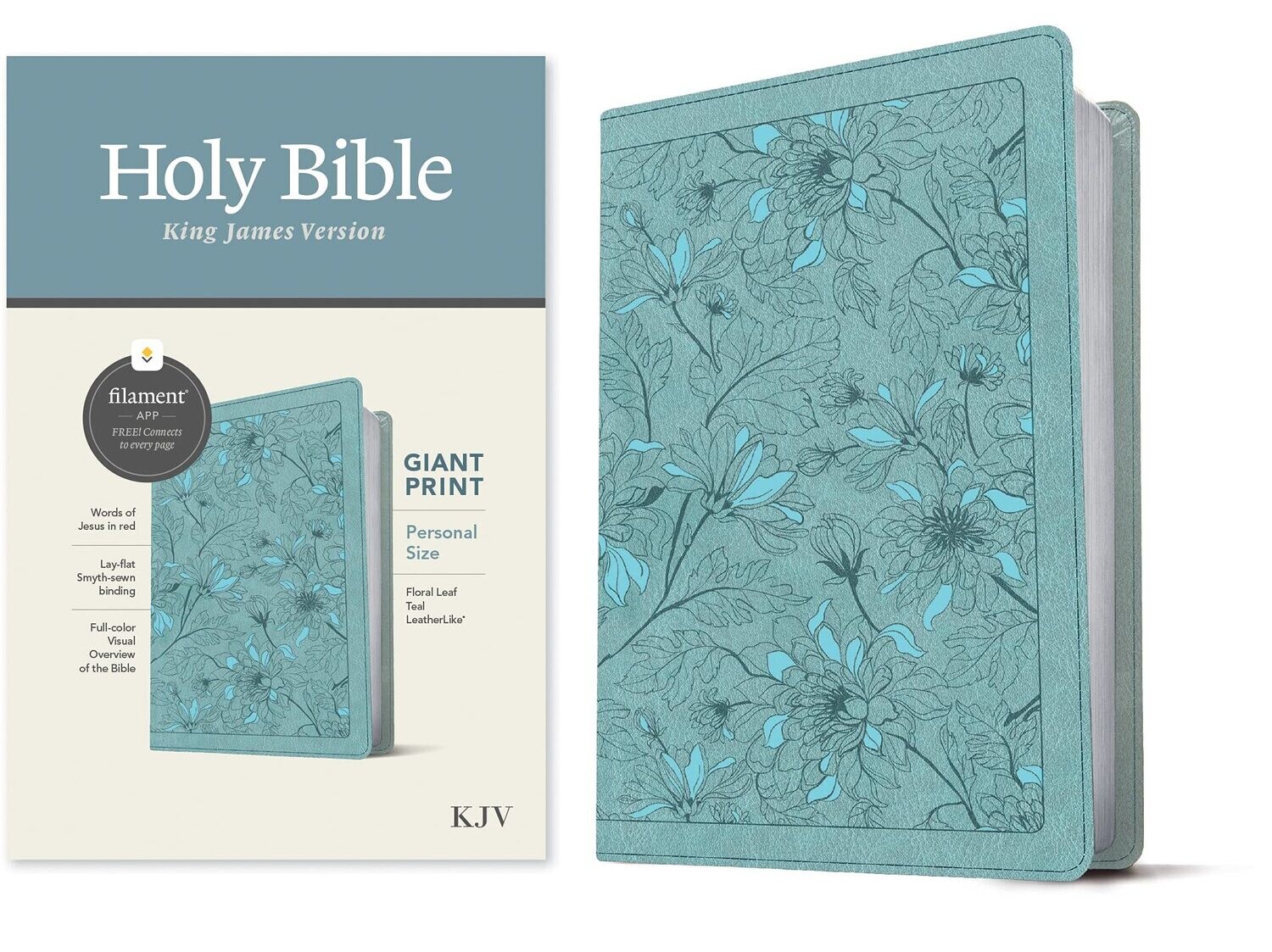 KJV Personal Size Giant Print Bible, Filament-Enabled Edition (Red Letter, LeatherLike, Floral Leaf Teal)