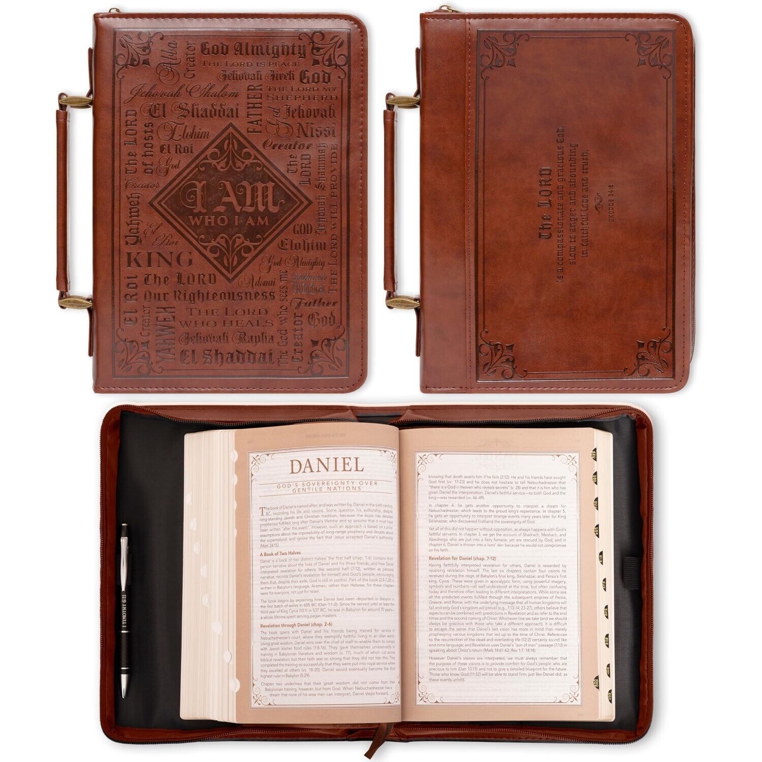 Christian Art Gifts Men's Classic Bible Cover Names of God Exodus 34:6, Brown Faux Leather, Large