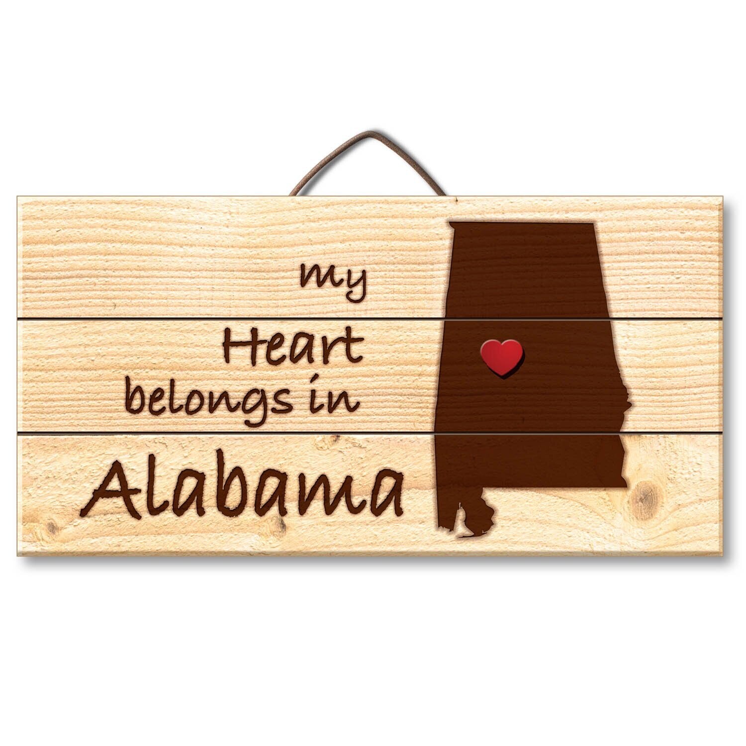 Highland Woodcrafters Alabama Laser Etched Pallet Wood State Sign with Heart Shaped Push Pin, 6 x 12 inch