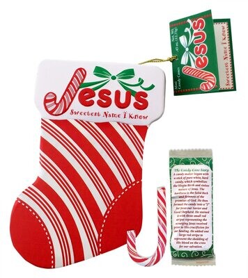 Scripture Candy, Jesus Sweetest Name I Know Mini Candy Cane Stocking Ornament Tin