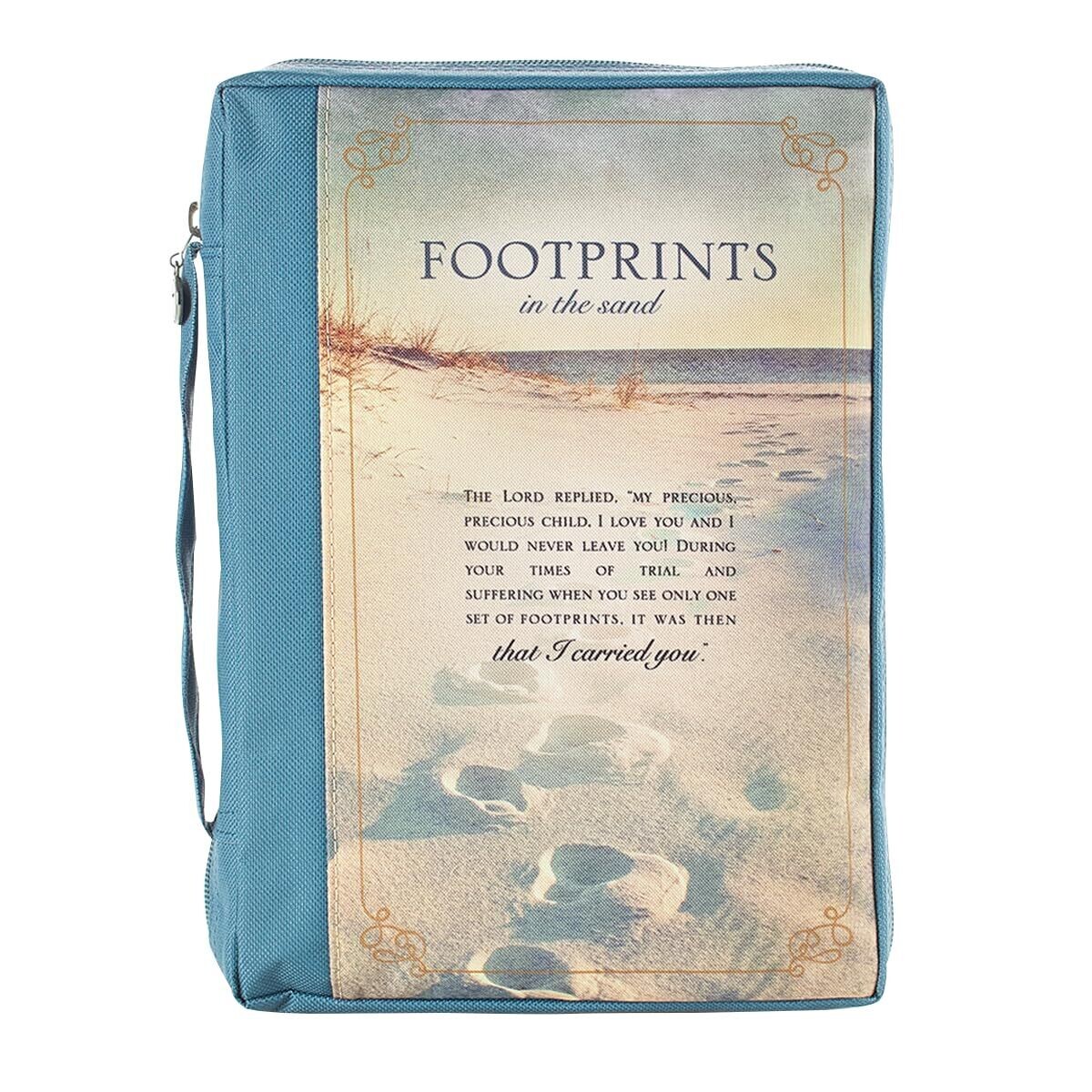 Men/Women's Bible Cover Footprints, Blue Poly Canvas, Medium