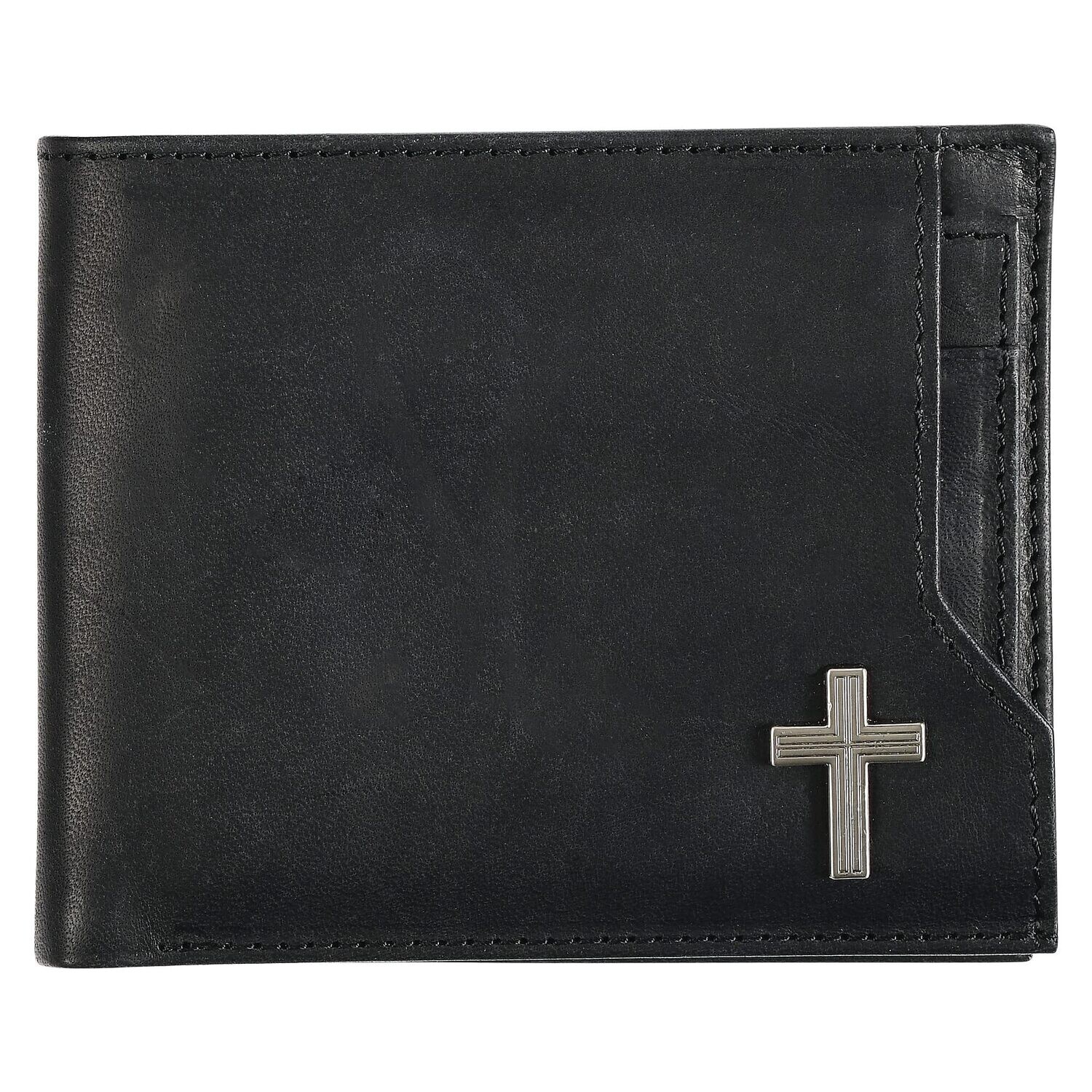 Genuine Premium Full Grain Leather RFID Blocking Silver Engraved Cross Wallet for Men: Multi Pocket Billfold