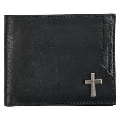 Genuine Premium Full Grain Leather RFID Blocking Silver Engraved Cross Wallet for Men: Multi Pocket Billfold