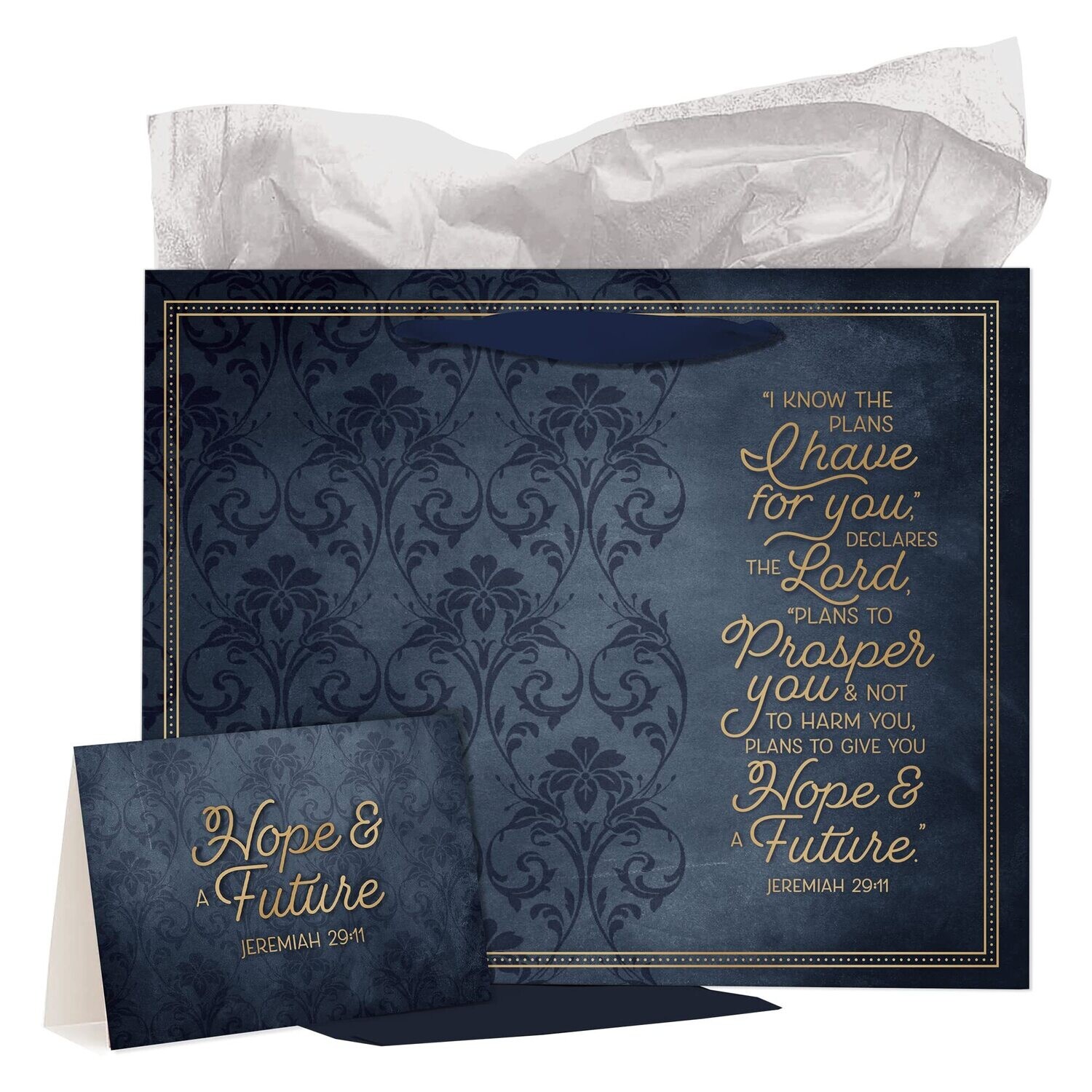 Decorative Landscape Gift Bag w/Card &amp; Tissue Paper Set for Men, Women &amp; Grads: Navy Blue w/Gold, Large