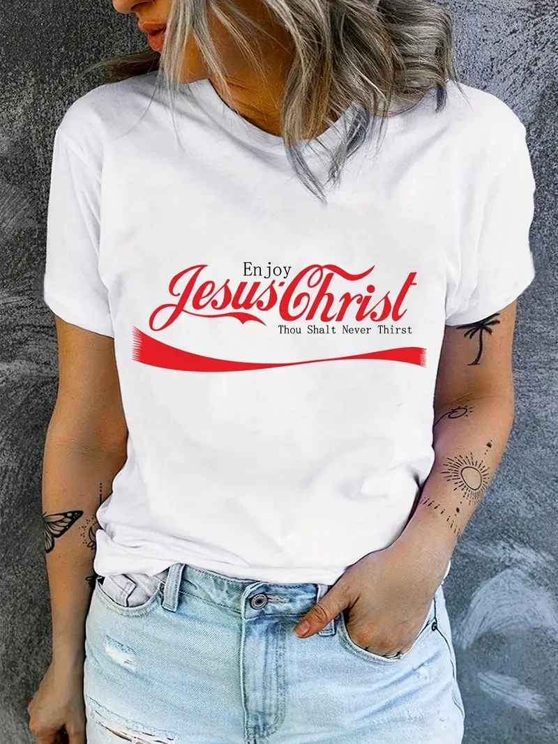 Jesus Print T-Shirt, Short Sleeve Crew Neck