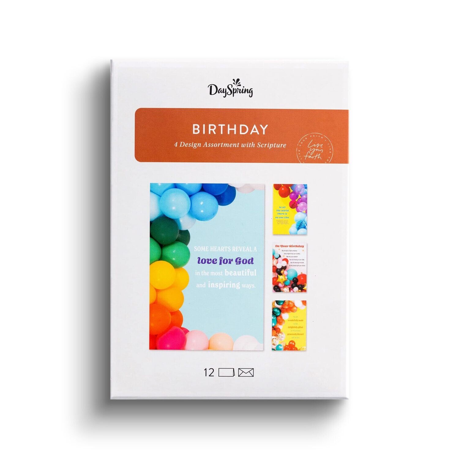 DaySpring - Birthday Balloons - 4 Balloon Designs Assortment with Scripture - 12 Happy Birthday