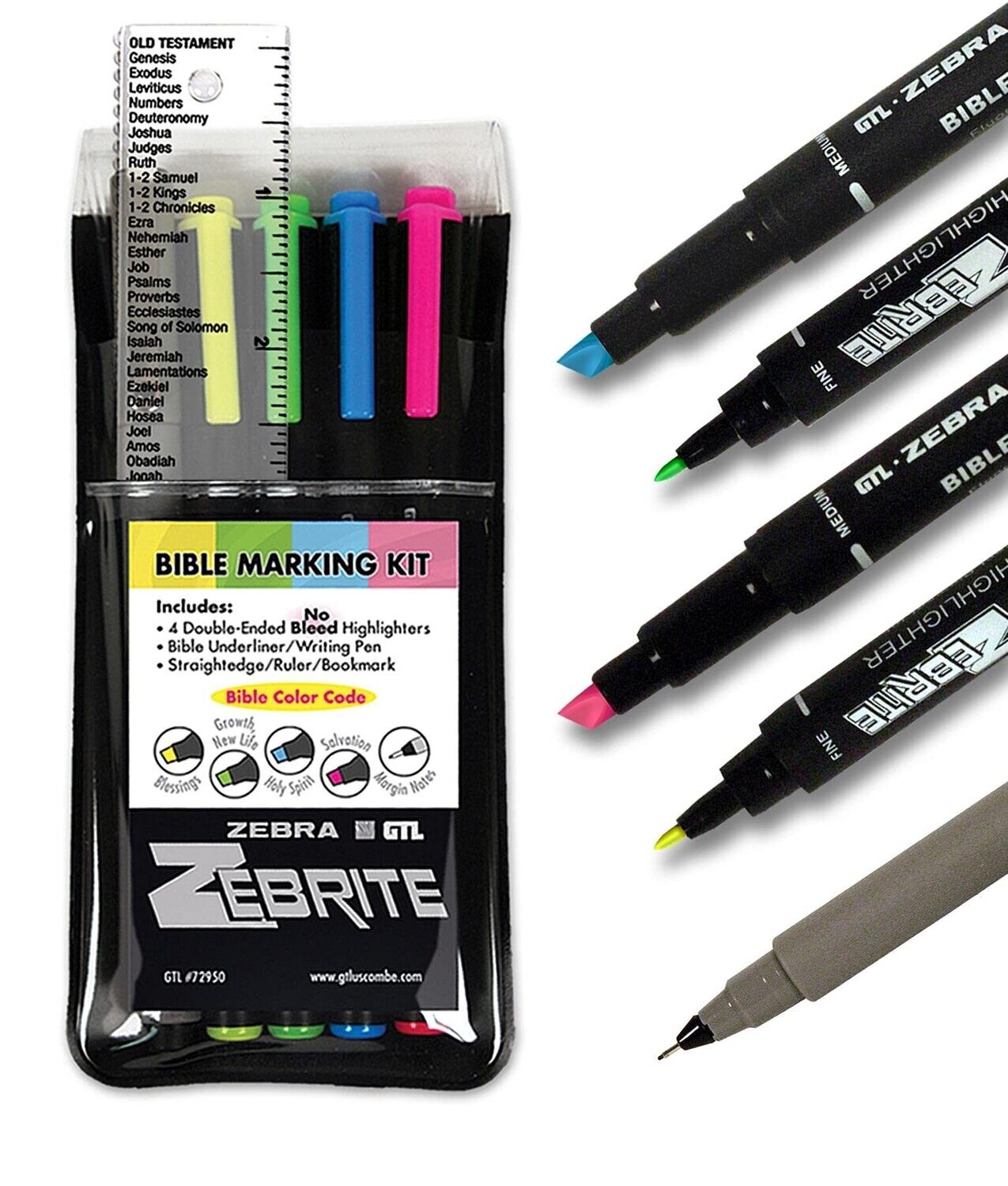 Zebrite Bible Marking Kit | Double Ended Highlighters, Note Pen &amp; Ruler/Bookmark (Set of 5 + Ruler)