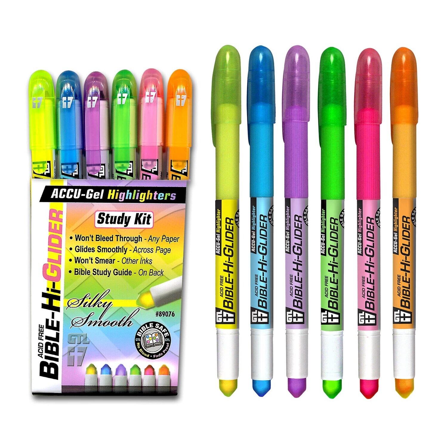 Accu-Gel Bible-Hi-Glider Bible Study Set | No Bleed Solid Gel Highlighter | Translucent Colors (Set of 6)