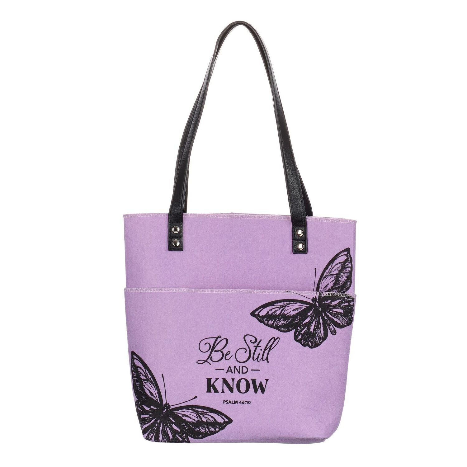 Felt and Faux Leather Fashion Bible Cover Butterfly Tote Bag - Be Still and Know, Purple and Black